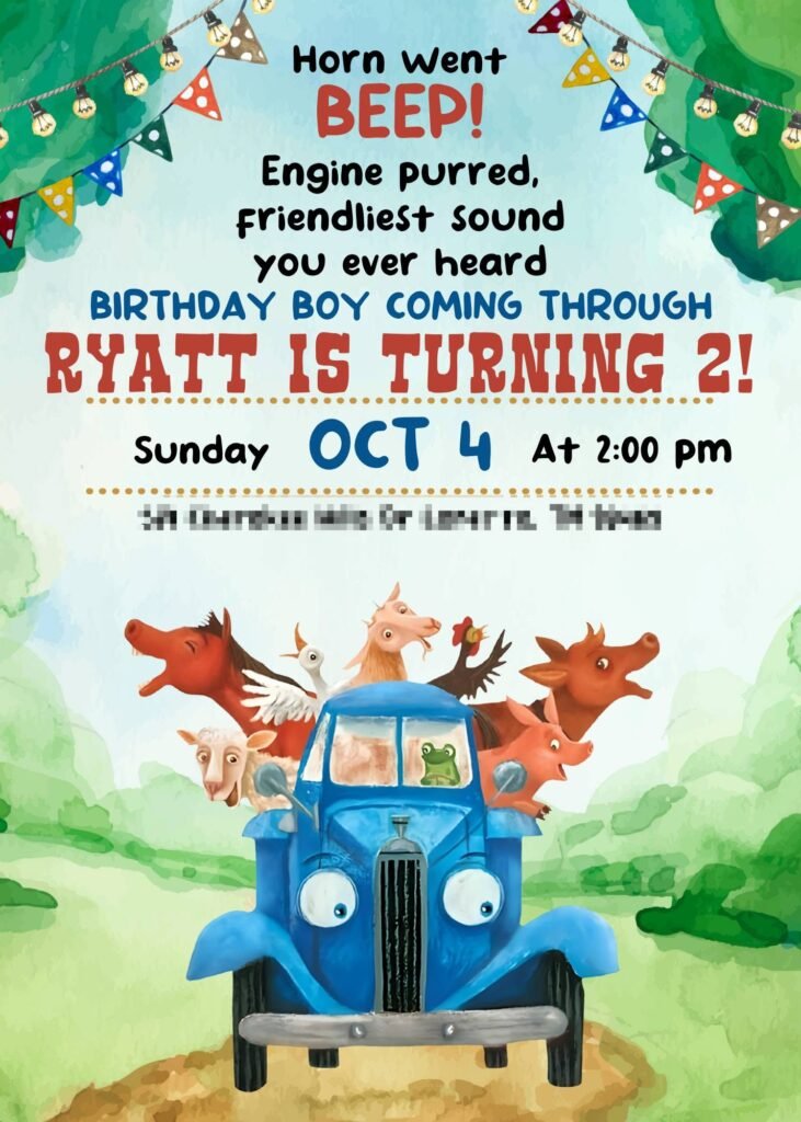 Little Blue Truck birthday invitation with farm animals