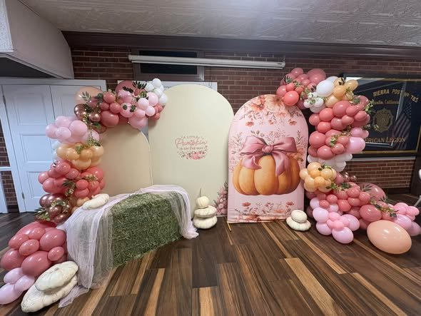 Pink and mauve balloon garland around a pumpkin arch panel