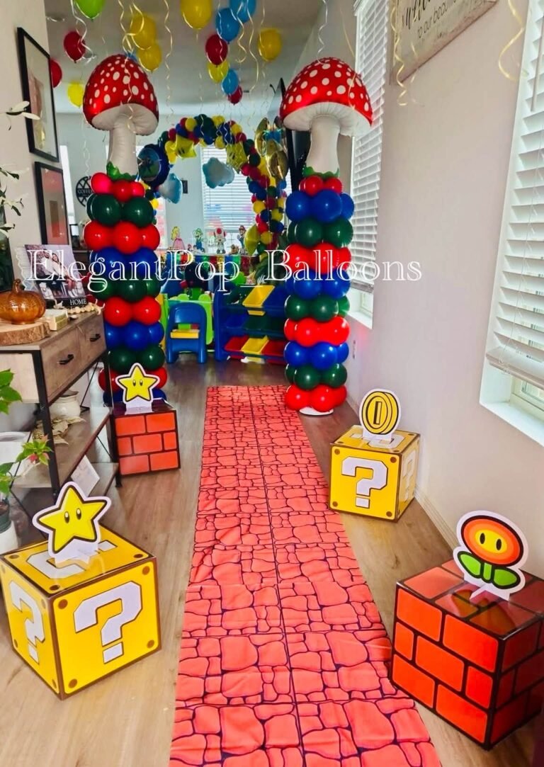 Brick print runner leading to a Mario backdrop with question blocks and mushrooms