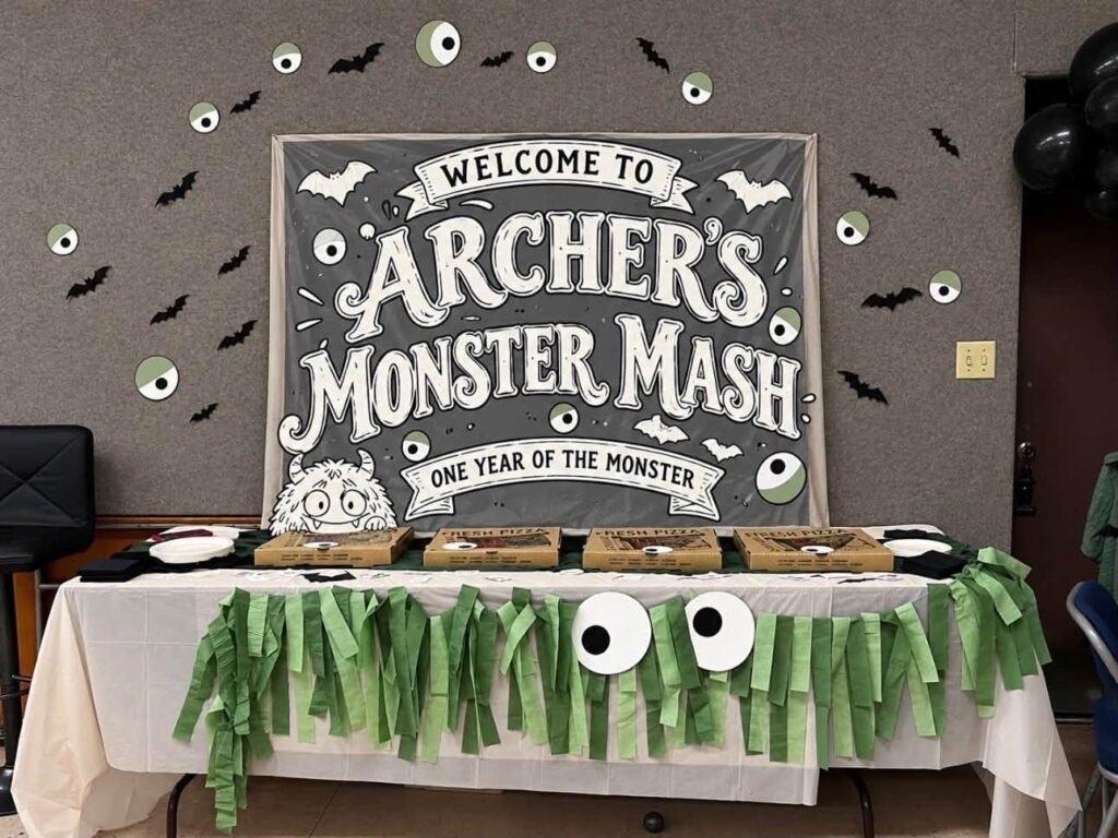 Welcome to the Monster Mash chalkboard sign over a fringe table