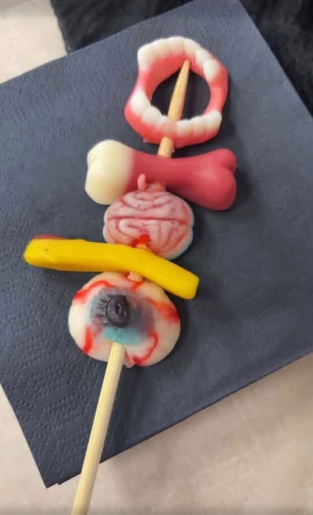 Candy kebab with gummy rings and eyeball candy