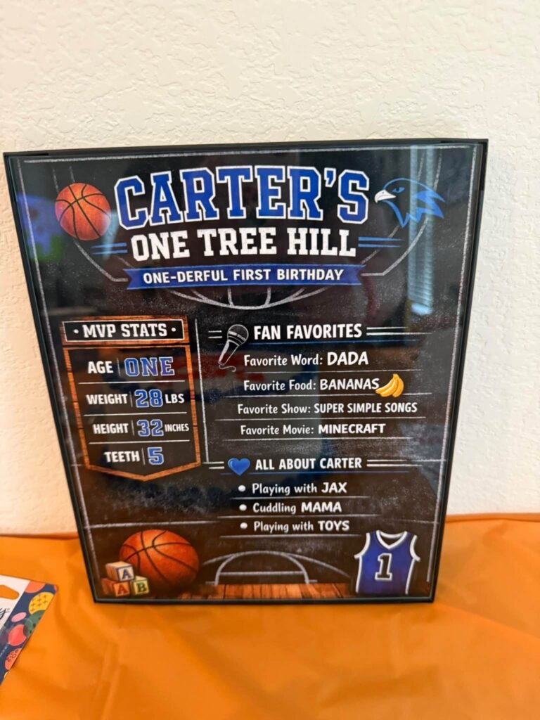 One Tree Hill first birthday stats sign with basketball art
