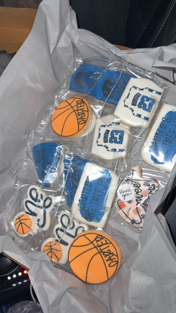 Basketball and jersey cookies in a box