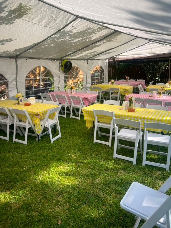 Tent with pink and yellow gingham tables and white chairs on the grass