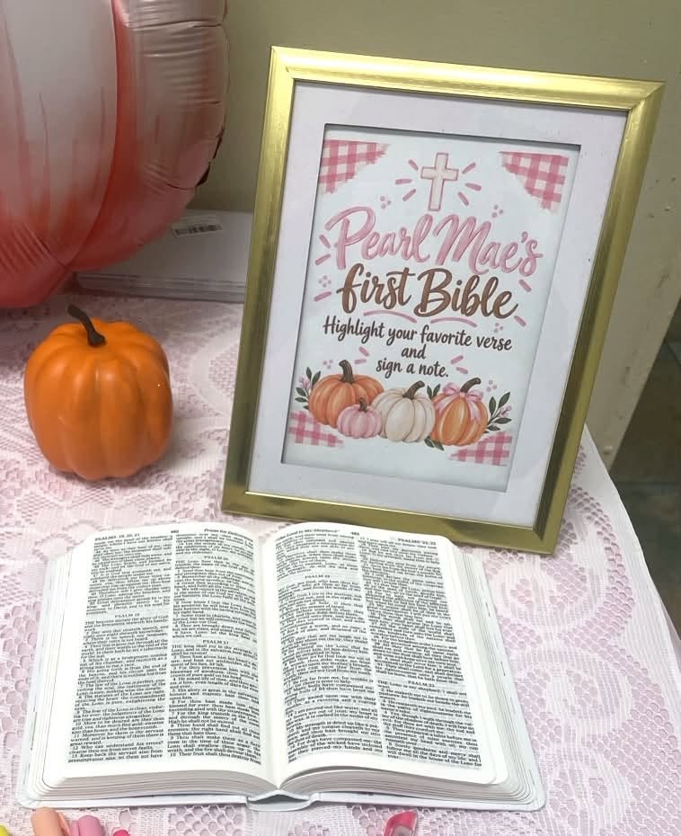 First Bible guest book sign with an open Bible and a small pumpkin