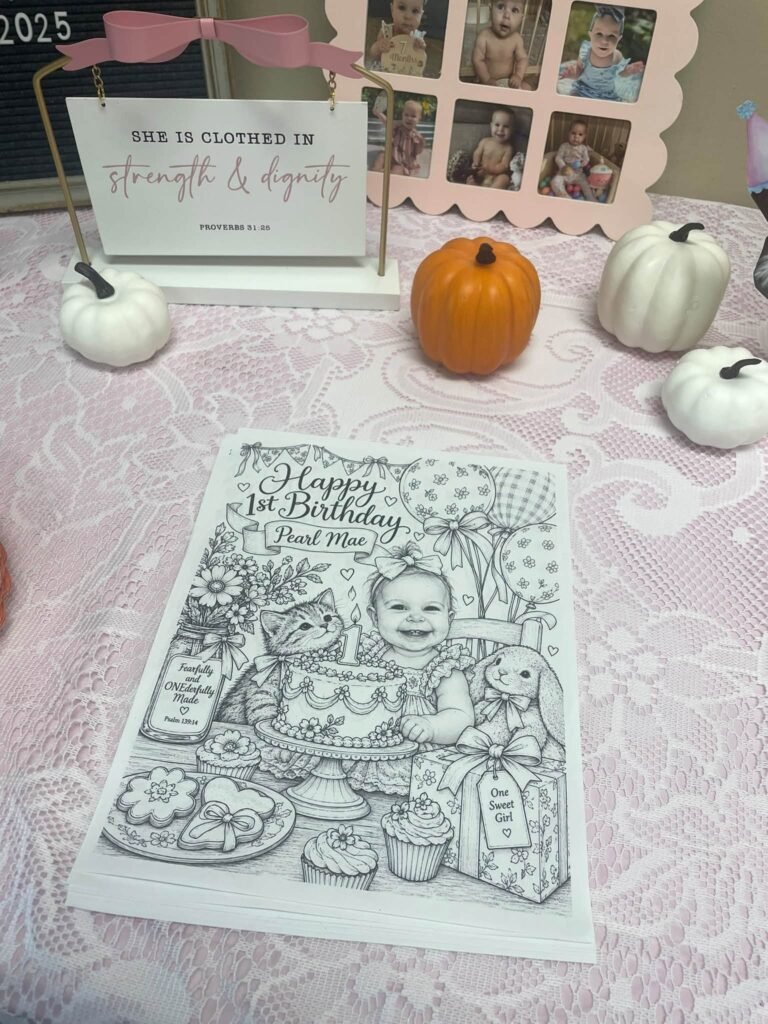 Coloring page of the birthday girl next to white pumpkins and a letter board