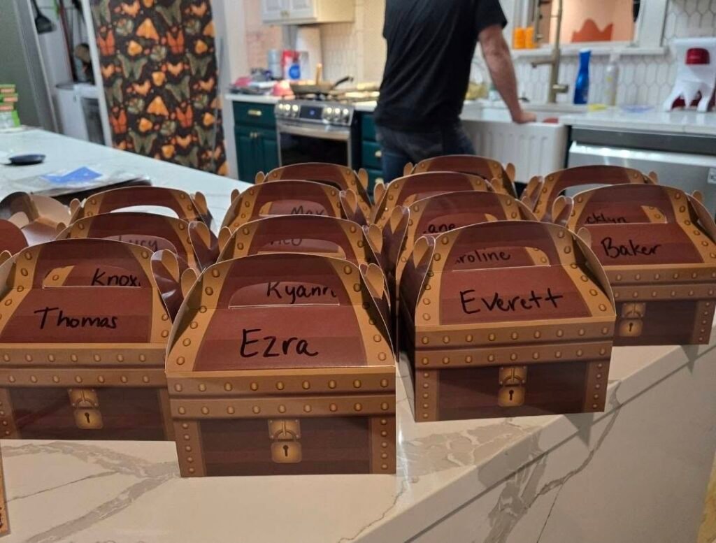 Brown treasure chest favor boxes with kids names