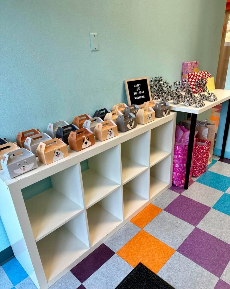 Dog house favor boxes lined up in white cubbies