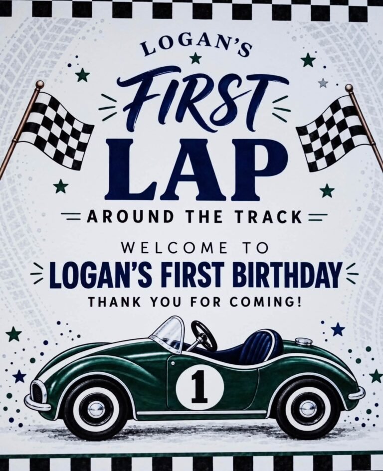 Logan First Lap Around the Track welcome sign with a green vintage race car and checkered flags