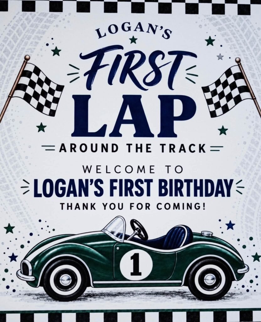 Logan First Lap Around the Track welcome sign with a green vintage race car and checkered flags