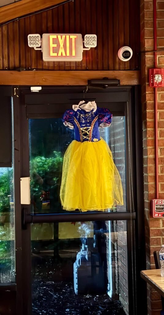 Yellow and blue princess dress hanging by a door