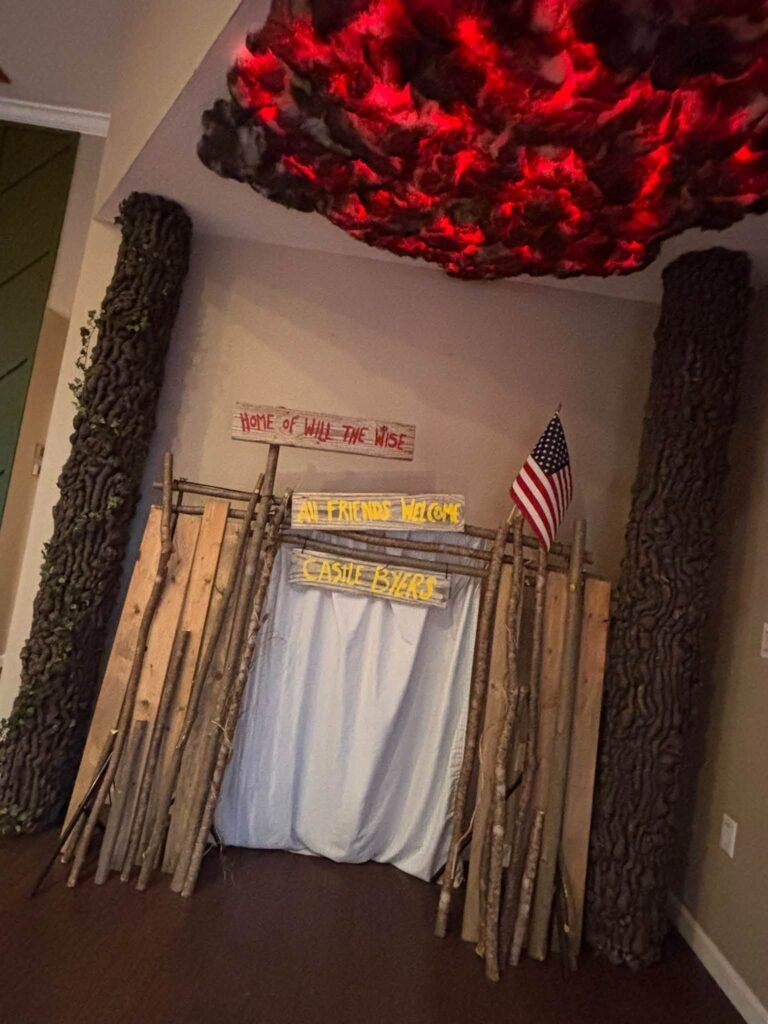 Corner with wood planks and a white curtain fort