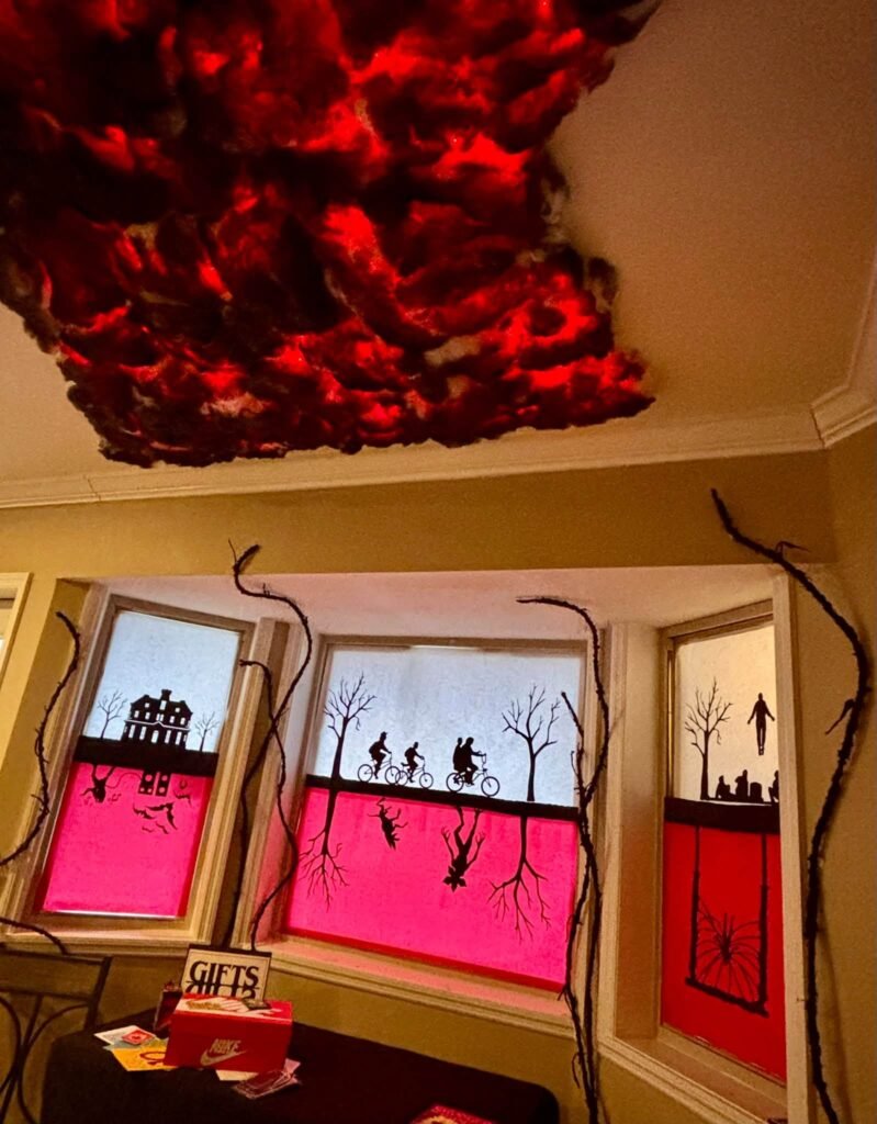 Red and black cloud ceiling with red lit window scenes
