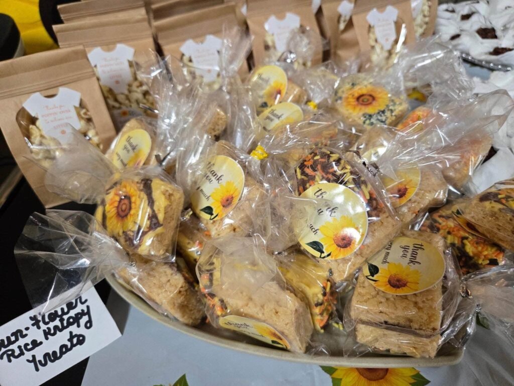 Treat bags with sunflower cookies and rice crispy treats