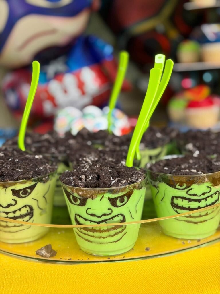 Hulk dirt cups with green candy straws