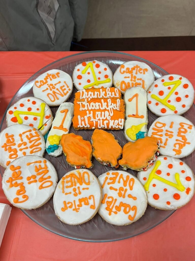 Plate of turkey, number one and name cookies