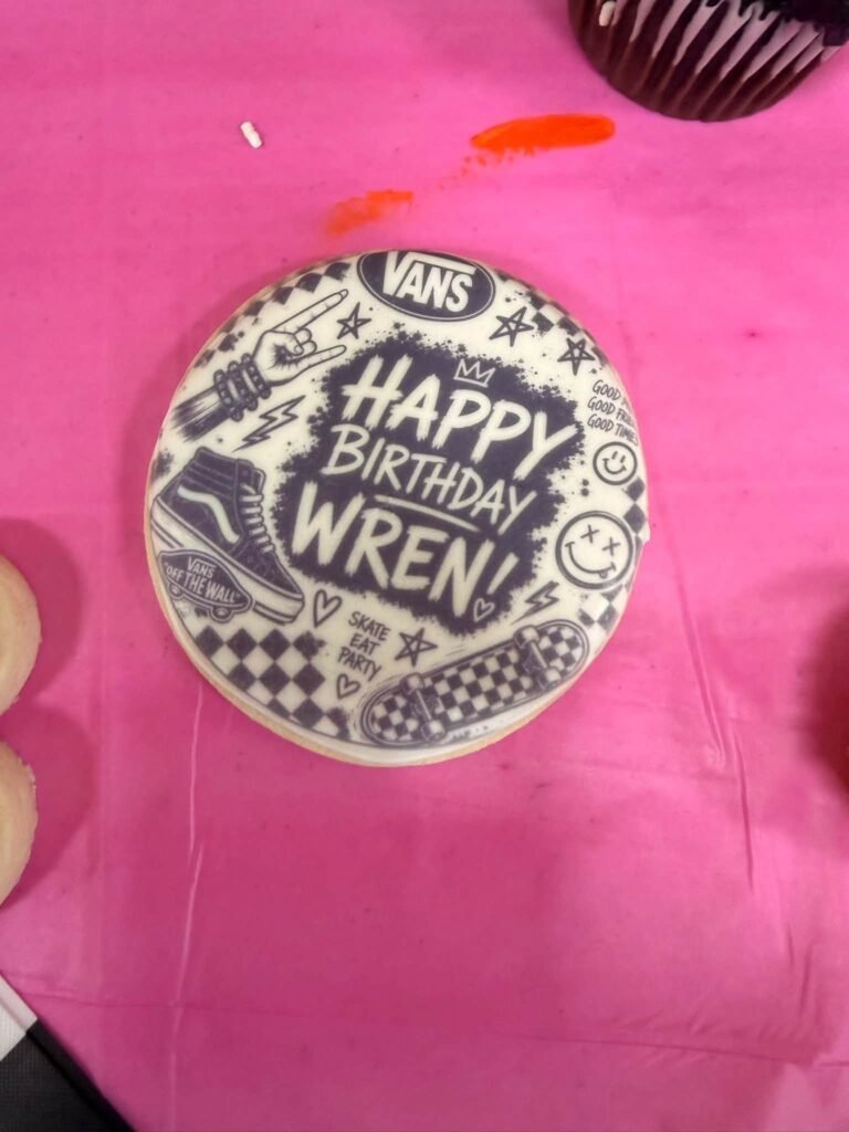 Checkered shoe style cookie with a birthday message