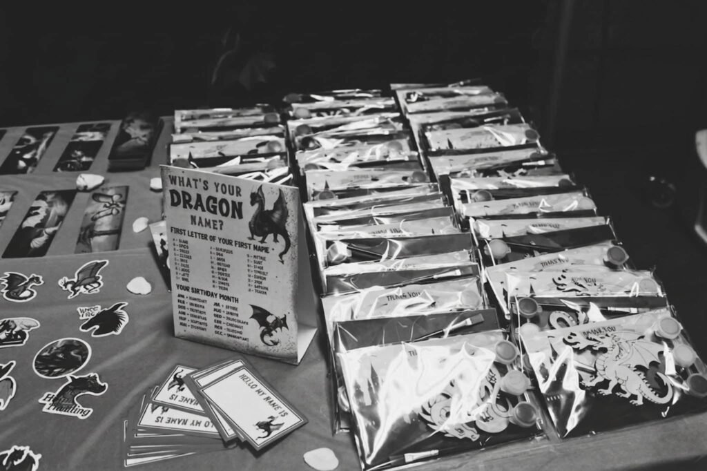 Rows of dragon card favor packs