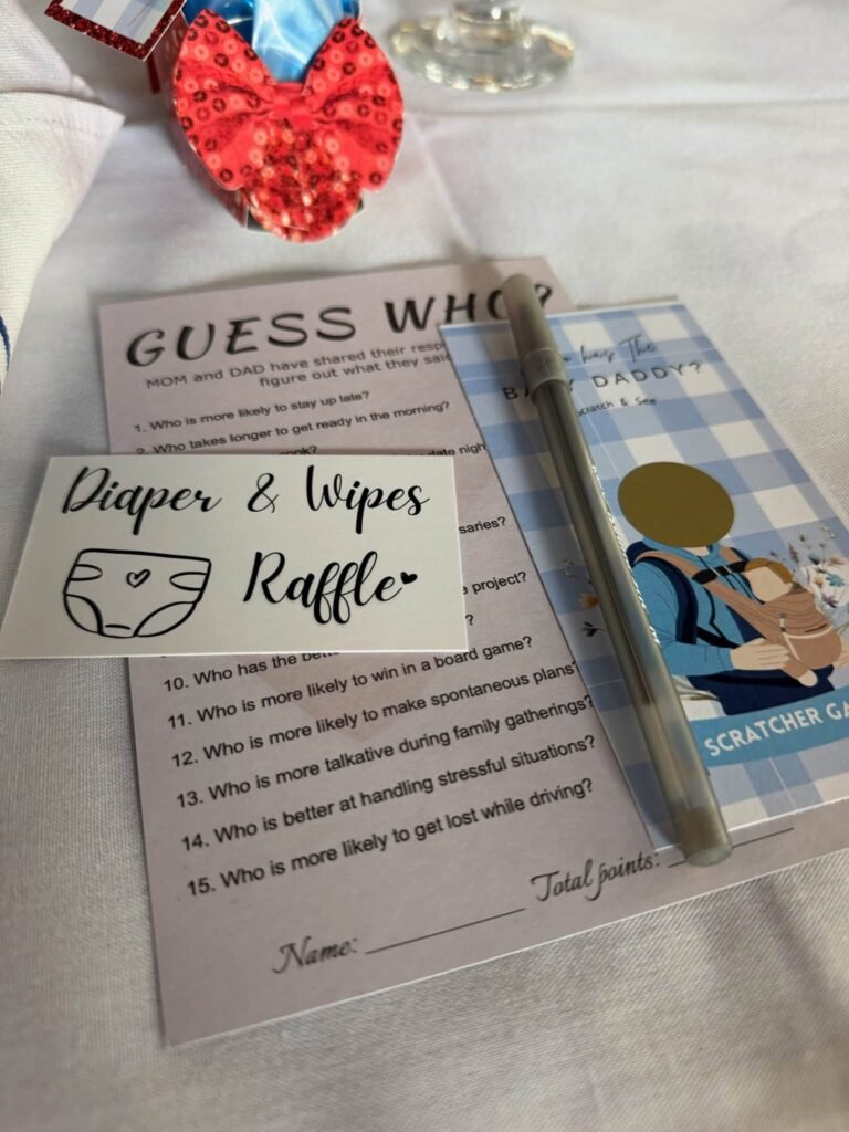 Guess who card and diapers and wipes raffle sign