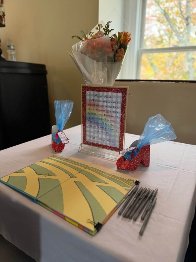 Table with a yellow brick road print and a word search